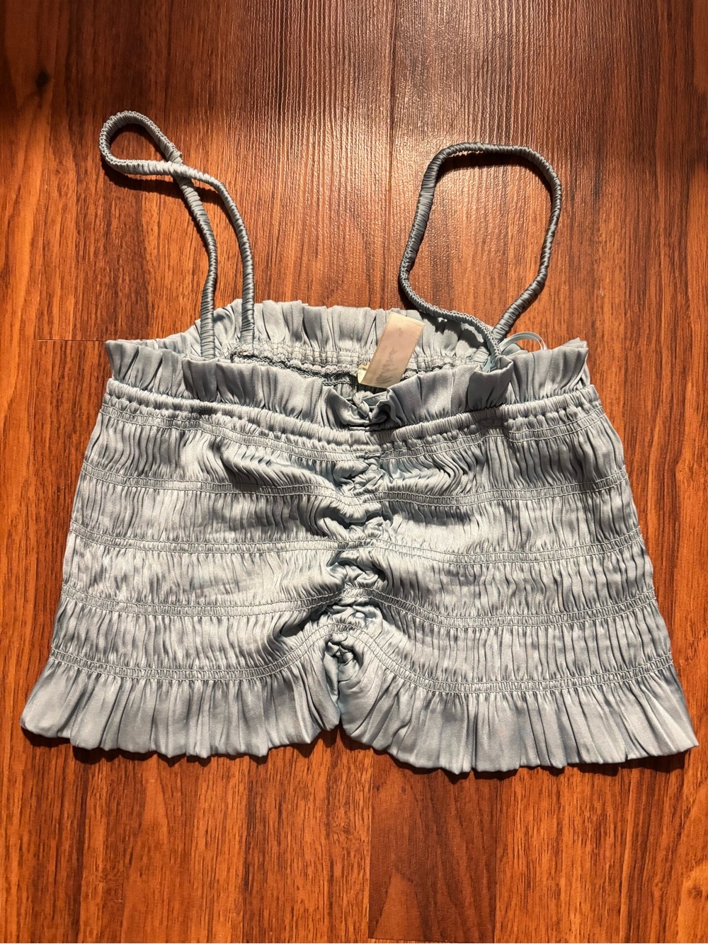 Mahina Sage Green Smocked Satin Cami Crop Top Ruched Front Size Small